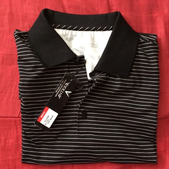 SOLD - Antigua Large Men's Polo Black Striped - Picture 1 of 6